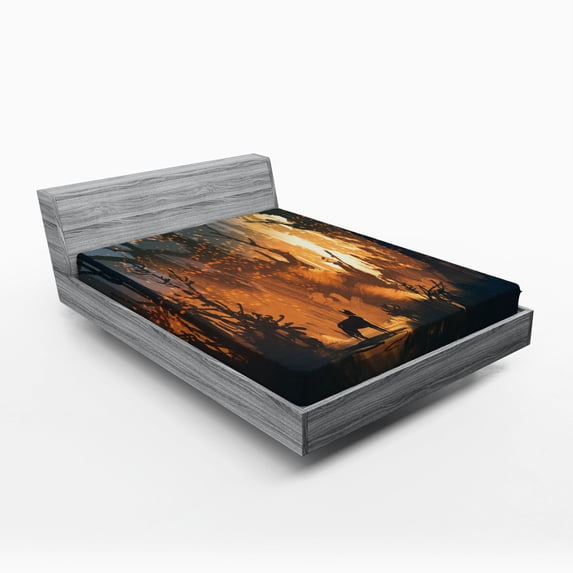 Ambesonne Occult Fitted Sheet, Lost Dog in Forest Art, Queen Size, Orange Brown