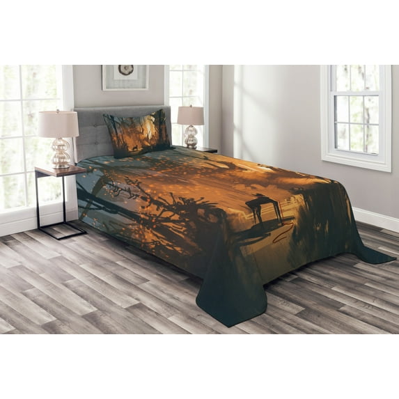 Ambesonne Occult Quilted Bedspread Set 2 Pcs, Lost Dog in Forest Art, Twin Size, Orange Brown