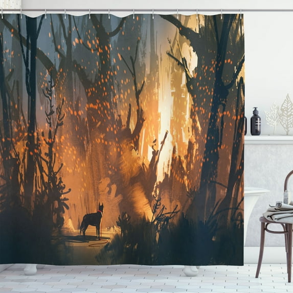 Ambesonne Occult Shower Curtain, Lost Dog in Forest Art, 69"Wx75"L, Orange Brown