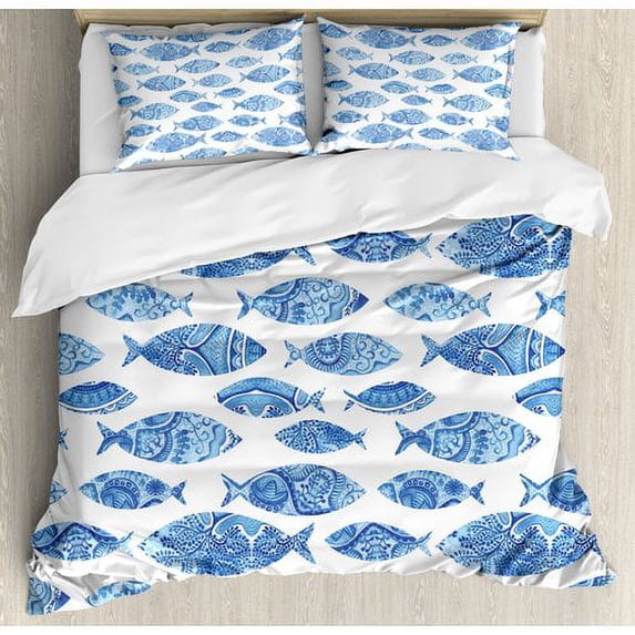 Ambesonne Ocean Animal Fish Figures with Ancient Ottoman Ornate Mosaic Hand Drawn Marine Artwork Duvet Cover Set