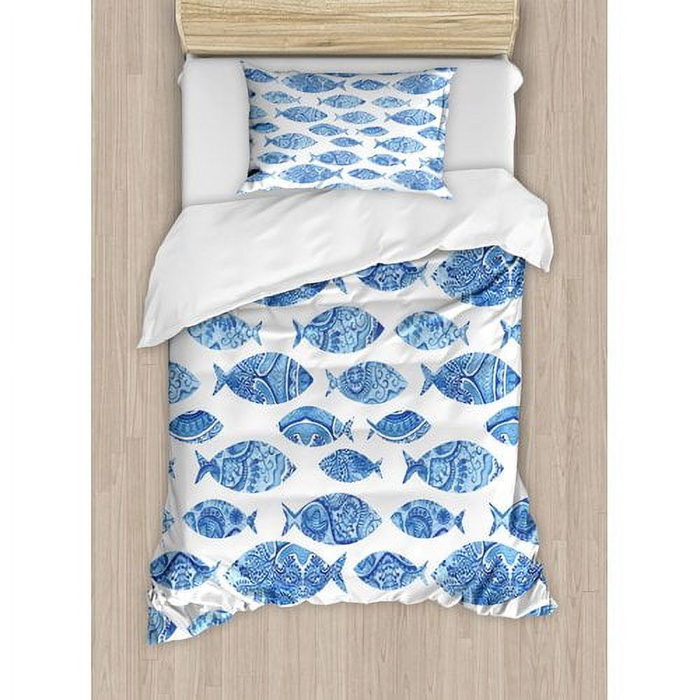 Twin Blue and White Microfiber Animal Print Duvet Set