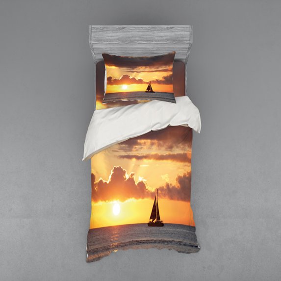 Ambesonne Ocean Bedding Set 3 Pcs, Boat in Sewith Sunset, Twin XL, Grey and Marigold