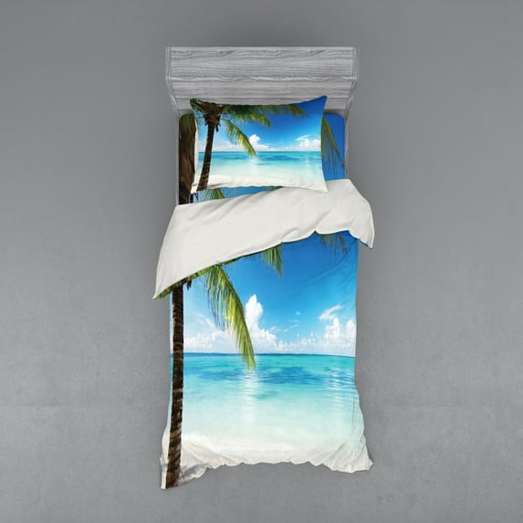 Ambesonne Ocean Bedding Set 3 Pcs, Exotic Beach Shoreline, Twin XL, Green Blue White
