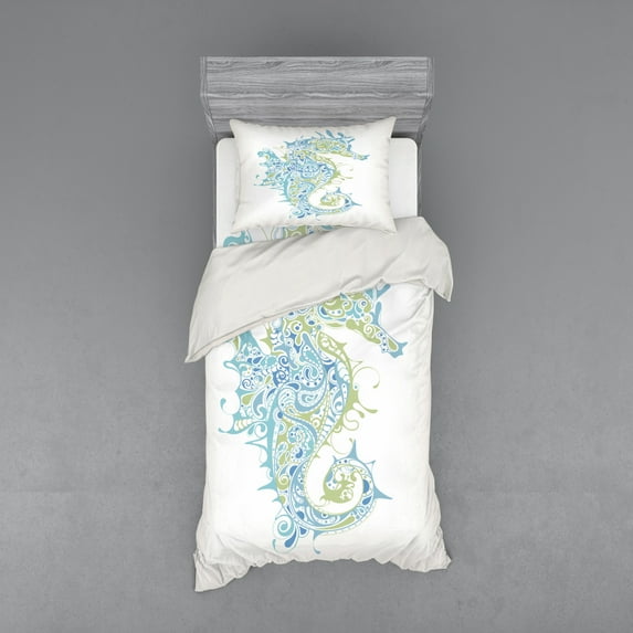 Ambesonne Ocean Bedding Set 3 Pcs, Greek Seahorse Mythological, Twin XL, Pale Blue Green