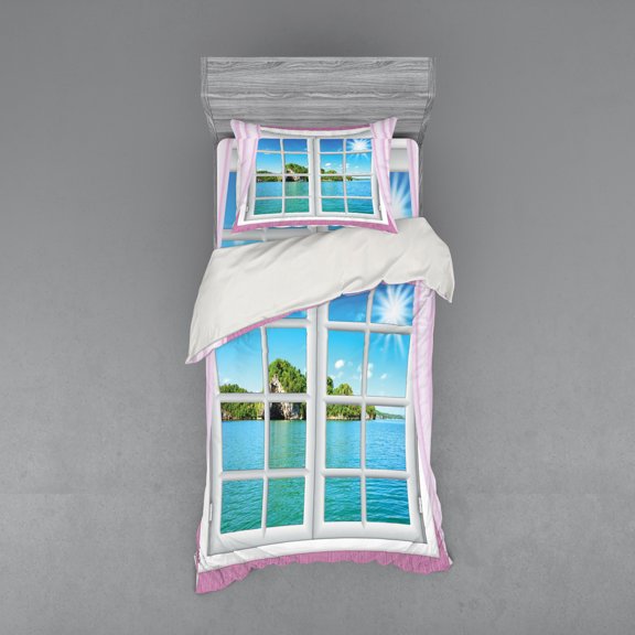 Ambesonne Ocean Bedding Set 3 Pcs, Idyllic View from Window, Twin, Pink Blue