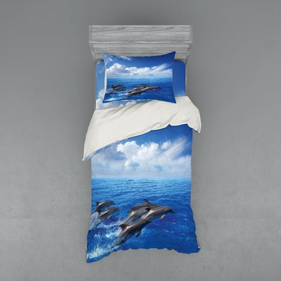 Ambesonne Ocean Bedding Set 3 Pcs, Jumping Dolphins in Sky, Twin XL, Blue White