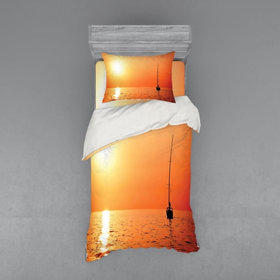 Ambesonne Ocean Bedding Set 3 Pcs, Lonely Yacht at Sunset, Twin XL, Orange Yellow