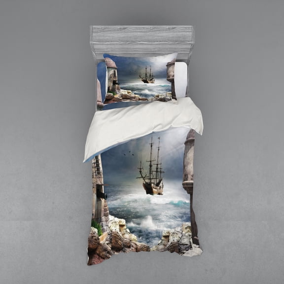 Ambesonne Ocean Bedding Set 3 Pcs, Pirate Merchant Ship, Twin, Pale Muave Beige
