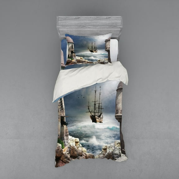 Ambesonne Ocean Bedding Set 3 Pcs, Pirate Merchant Ship, Twin XL, Pale Muave Beige
