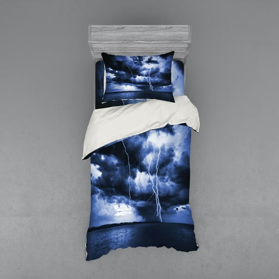 Ambesonne Ocean Bedding Set 3 Pcs, Rain Clouds Storm Rays, Twin XL, Blue