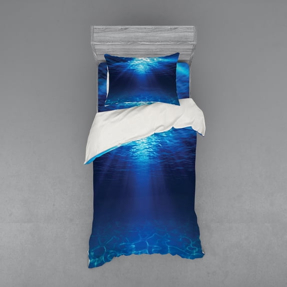 Ambesonne Ocean Bedding Set 3 Pcs, Sandy Seabed Sea Scene, Twin, Navy Blue Aqua