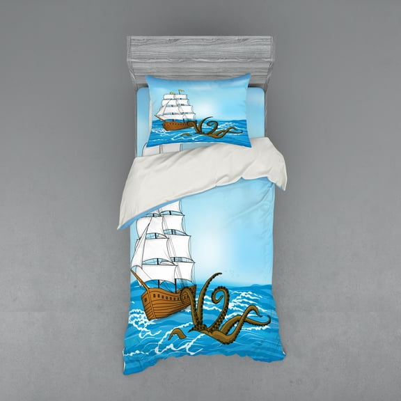 Ambesonne Ocean Bedding Set 3 Pcs, Ship in Waves and Kraken, Twin XL, Blue Brown