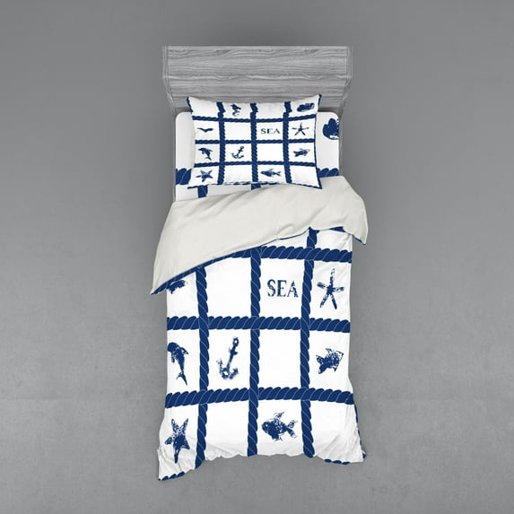 Ambesonne Ocean Bedding Set 3 Pcs, Starfish Anchor Sealife, Twin XL, Navy Blue and White