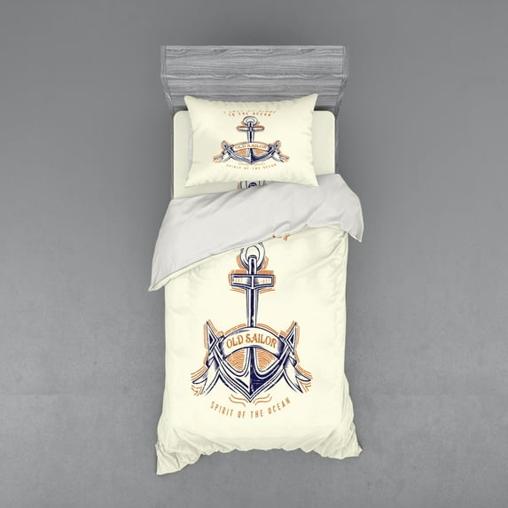 Ambesonne Ocean Bedding Set 3 Pcs, Vintage Style Anchor Sign, Twin, Orange Blue Yellow