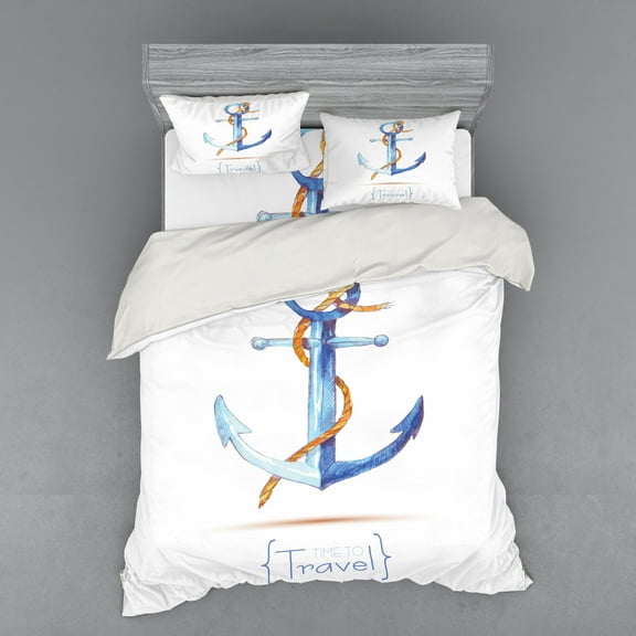 Ambesonne Ocean Bedding Set 4 Pcs, Classic Sail Emblem, Queen, Blue White Brown