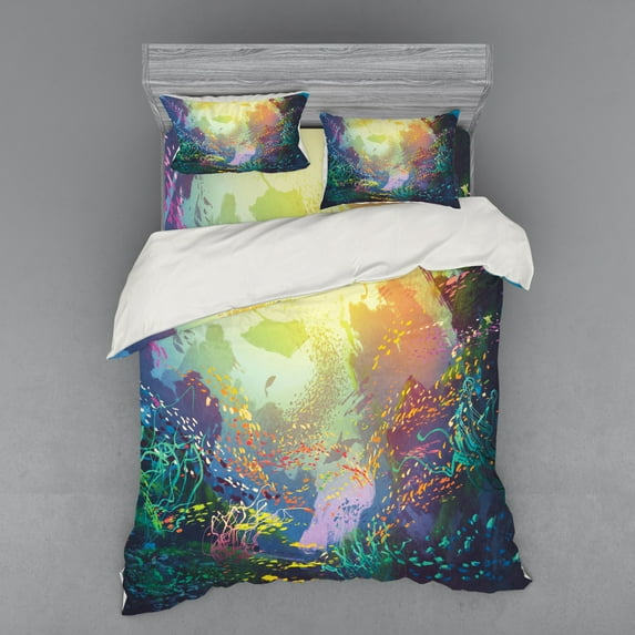 Ambesonne Ocean Bedding Set 4 Pcs, Coral Reef Aquarium Art, Queen, Turquoise Yellow Pink