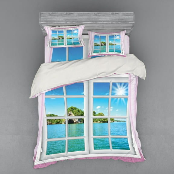 Ambesonne Ocean Bedding Set 4 Pcs, Idyllic View from Window, Queen, Pink Blue