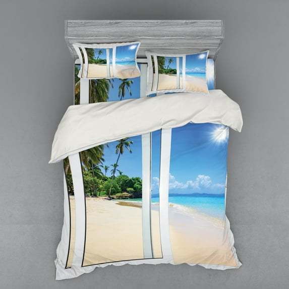 Ambesonne Ocean Bedding Set 4 Pcs, Island Scenery Traveling, Queen, White Cream Blue