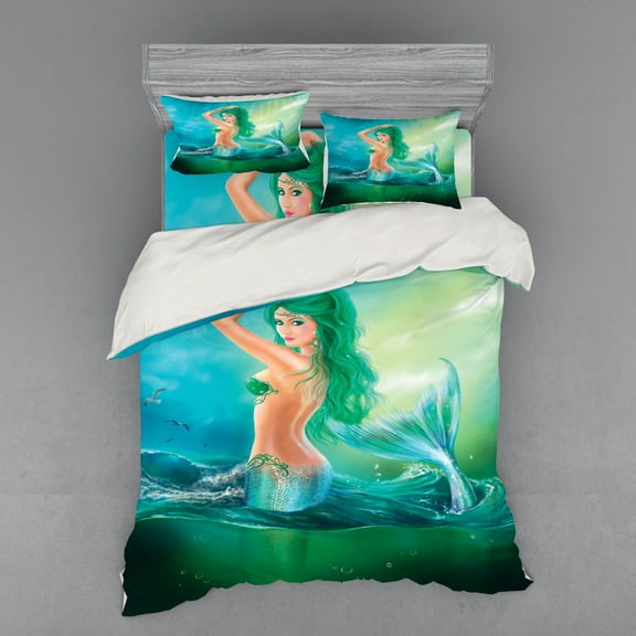 Ambesonne Ocean Bedding Set 4 Pcs, Mermaid Tail Waves Sea, Queen, Blue Green