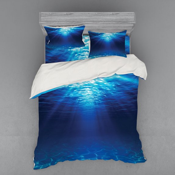 Ambesonne Ocean Bedding Set 4 Pcs, Sandy Seabed Sea Scene, Queen, Navy Blue Aqua