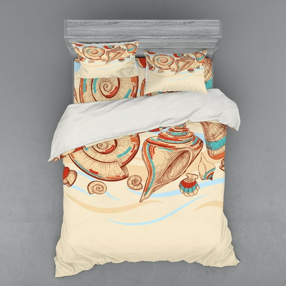 Ambesonne Ocean Bedding Set 4 Pcs, Seashells Pastel Colored, Queen, Cream Red Teal
