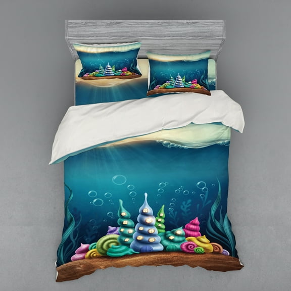 Ambesonne Ocean Bedding Set 4 Pcs, Shell Houses Bubbles, Queen, Teal Brown