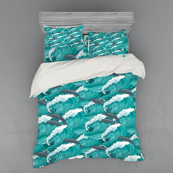 Ambesonne Ocean Bedding Set 4 Pcs, Surfing Doodle Dolphins, Queen, Charcoal Grey Teal White