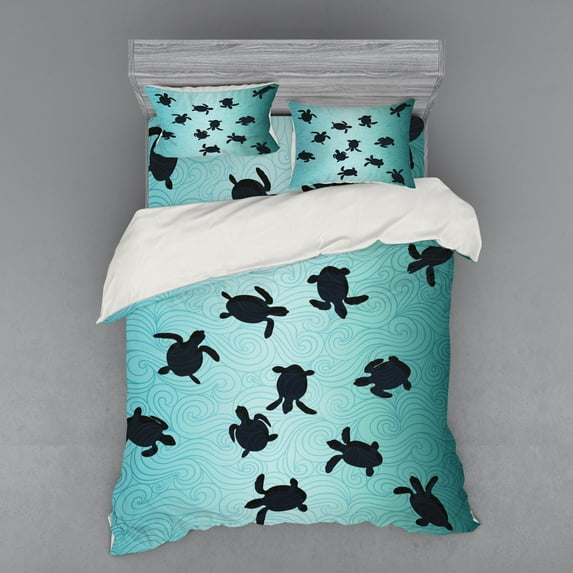 Ambesonne Ocean Bedding Set 4 Pcs, Turtles Deep Sealife, Queen, Dark Blue Teal