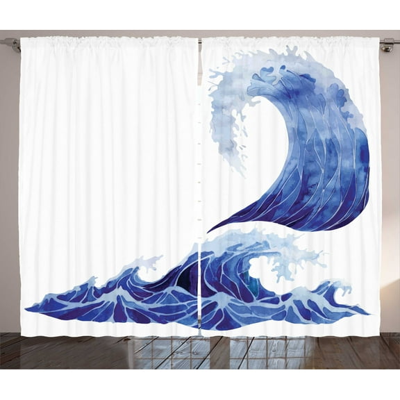Ambesonne Ocean Curtains 2 Panel Set, Aquatic Storm Blue Waves, 108" x 63", Blue and White