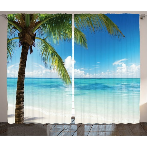 Ambesonne Ocean Curtains 2 Panel Set, Exotic Beach Shoreline, 108" x 84", Green Blue White