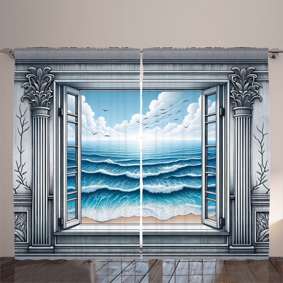 Ambesonne Ocean Curtains 2 Panel Set, Historic Window Sea Scenery, 108" x 108", Sea Blue Coconut and Camel