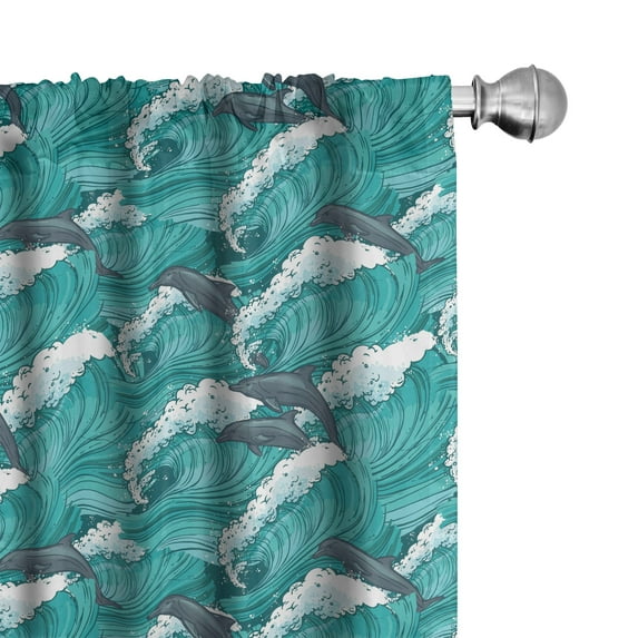 Ambesonne Ocean Curtains, Surfing Doodle Dolphins, Pair of 28"x95", Charcoal Grey Teal White