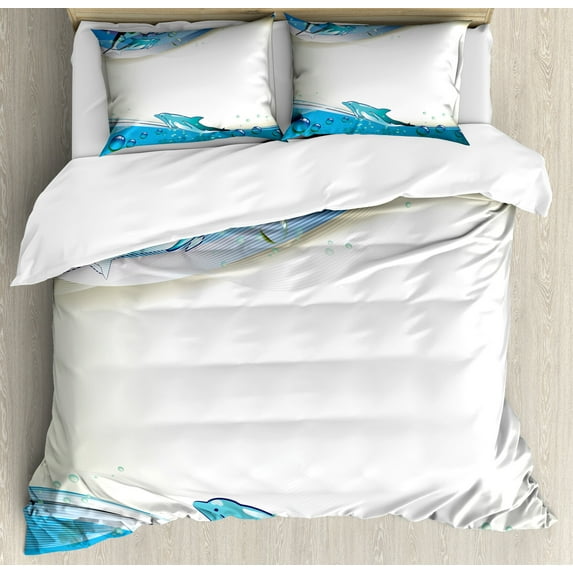 Ambesonne Ocean Duvet Cover Set, Dolphins Sea Waves Drops, Queen, Beige Blue Aqua