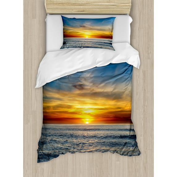 Ambesonne Ocean Duvet Cover Set, Pacific California Sunset, Twin, Orange Blue