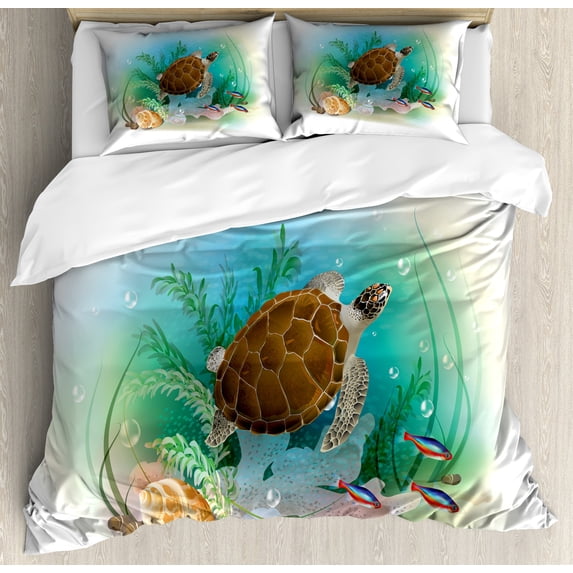 Ambesonne Ocean Duvet Cover Set, Sea Turtles Underwater, Queen, Green Brown