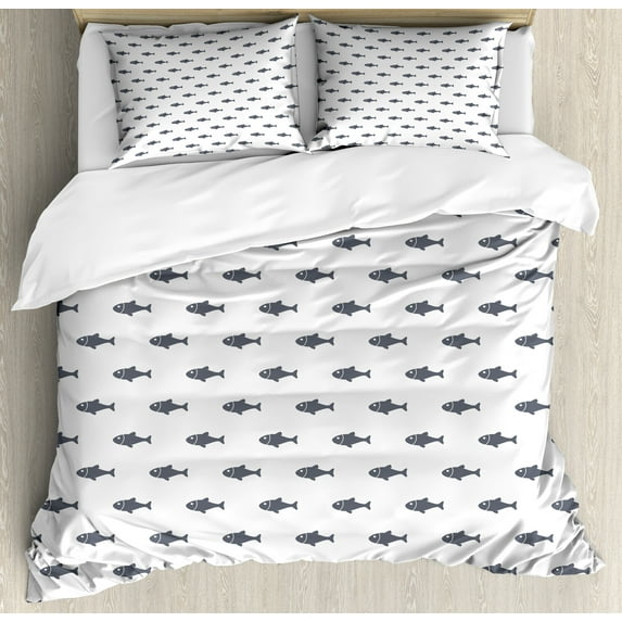 Ambesonne Ocean Duvet Cover Set, Sketchy Schoal of Fish, 2-Calking, Charcoal Grey White