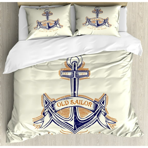 Ambesonne Ocean Duvet Cover Set, Vintage Style Anchor Sign, Calking, Orange Blue Yellow
