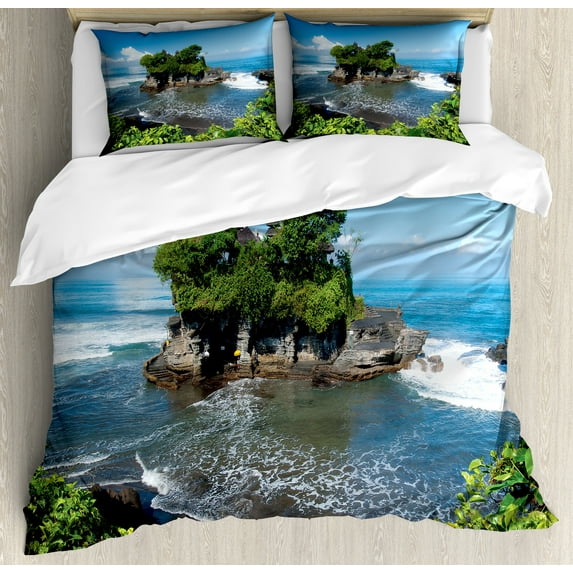 Ambesonne Ocean Duvet Cover Sets, Building in Bali Island Asia, 2-King, Green Blue