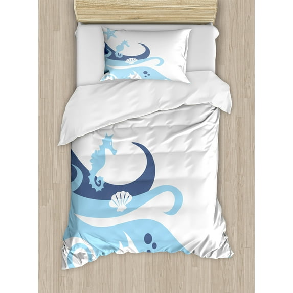 Ambesonne Ocean Duvet Cover Sets, Deep Sealife Creatures, 2-Twin, Navy Blue Aqua and White