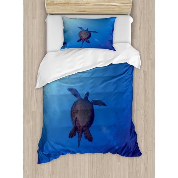 Ambesonne Ocean Duvet Cover Sets, Sea Turtle in Deep Sea, 2-Twin, Aqua Navy Brown