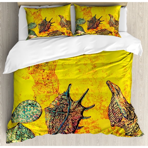 Ambesonne Ocean Duvet Cover Sets, Seashells Animal Grunge, 2-King, Yellow Teal