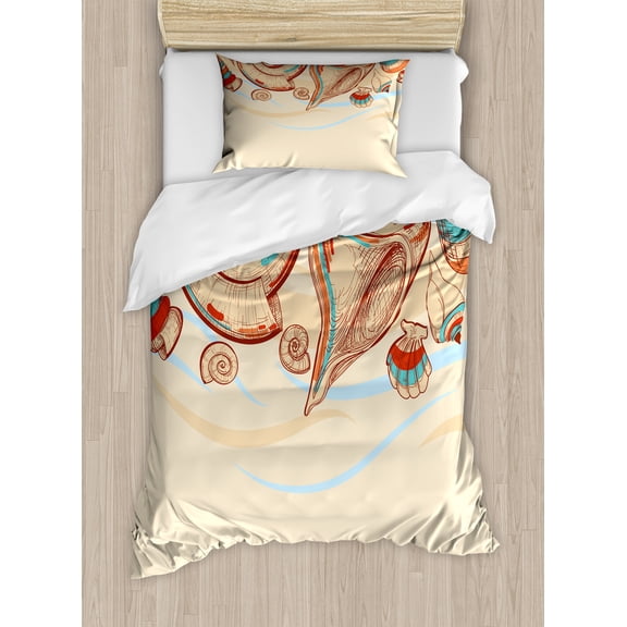 Ambesonne Ocean Duvet Cover Sets, Seashells Pastel Colored, 2-Twin, Cream Red Teal