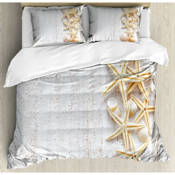 Ambesonne Ocean Duvet Cover Sets, Seashells and Starfish, 2-King, Ivory