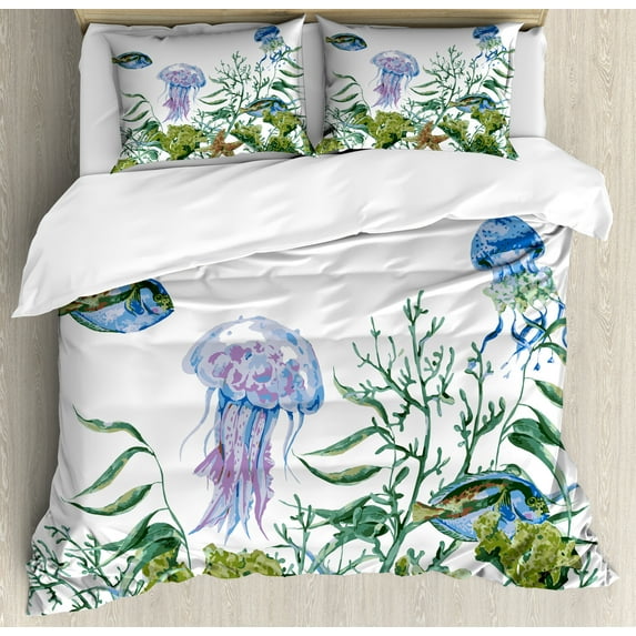 Ambesonne Ocean Duvet Cover Sets, Seaweed Jellyfish Fish, 2-Queen, Reseda Green Jade Green