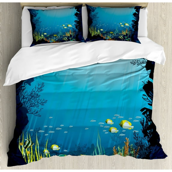Ambesonne Ocean Duvet Cover Sets, Tropical Fishes and Reefs, 2-King, Dark Blue