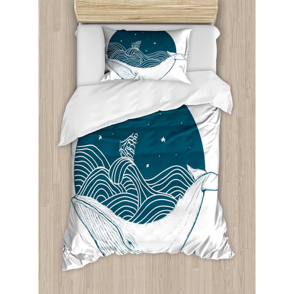 Ambesonne Ocean Duvet Cover Sets, Whale and Stars Old Ship, 2-Twin, Teal White
