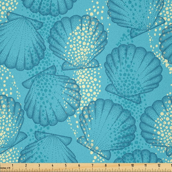 Ambesonne Ocean Fabric by the Yard Microfiber, Scallop Sea Shells Aquatic, 2 Yards, Sky Blue Beige
