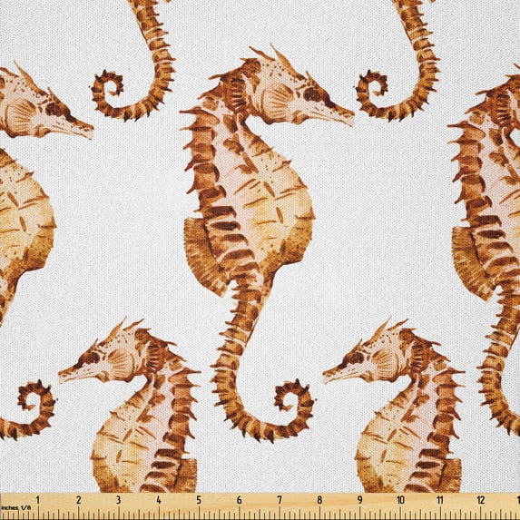 Ambesonne Ocean Fabric by the Yard Microfiber, Seahorses Marine Lifestyle, 5 Yards, Redwood Peach and White
