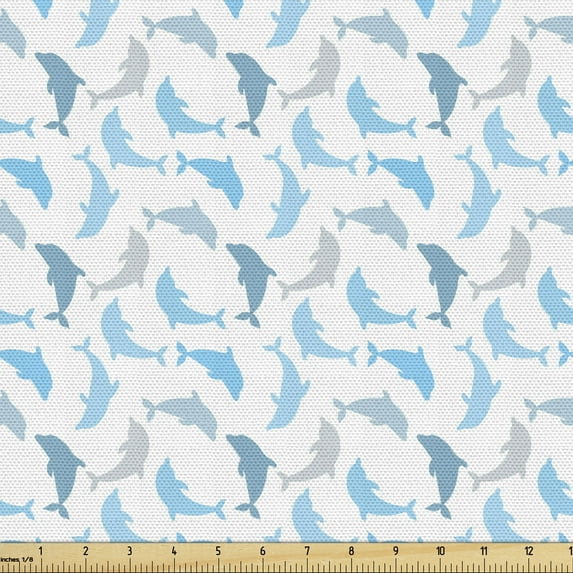 Ambesonne Ocean Fabric by the Yard Upholstery, Jumping Dolphin, 10 Yards, White Blue Grey