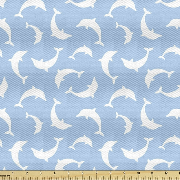 Ambesonne Ocean Fabric by the Yard Upholstery, Pattern with Dolphins, 10 Yards, Pale Blue White